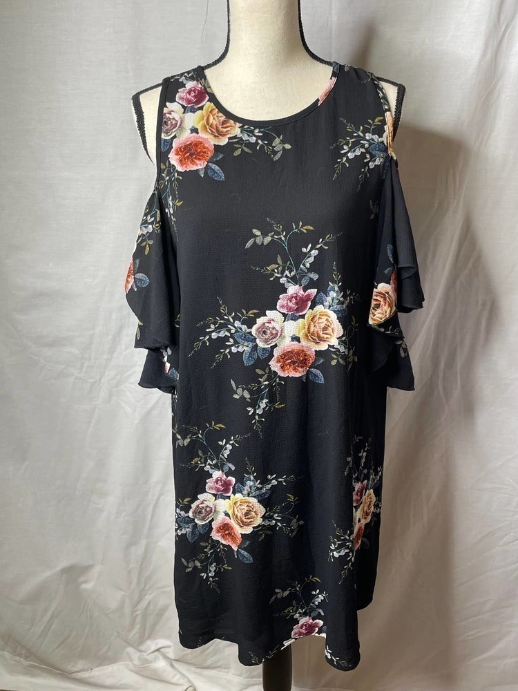 Papermoon Cold Shoulder Ruffled Black Floral Shift Dress Size L   *